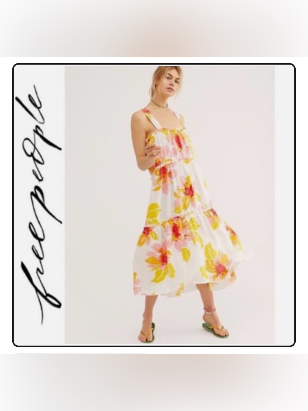 🤍💐EUC Free People “Moonshine Midi Dress” White🤍Pink💗Yellow💛Floral💐Sz Medium
